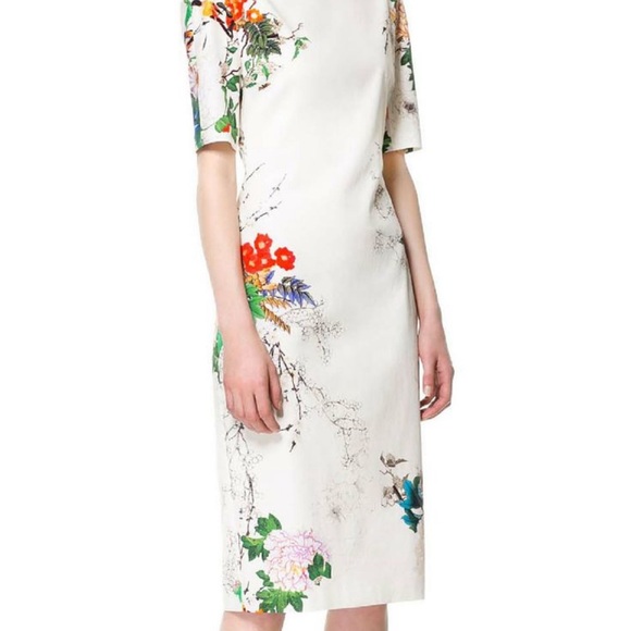Zara Asian Floral Print Ivory Sheath Dress Size S - Picture 2 of 9